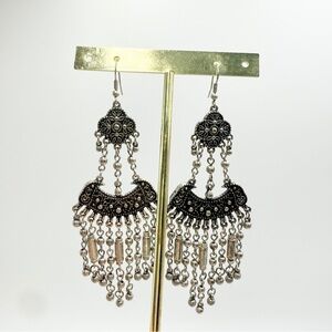 Vintage Filigree Dangle with Beaded Fringe Silver Tone Chandelier Earrings